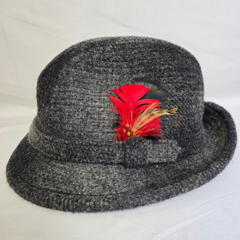 Wool Blend Fedora Cap, Feather Accent, Grey, Union Made‎ in USA, Vintage, Small